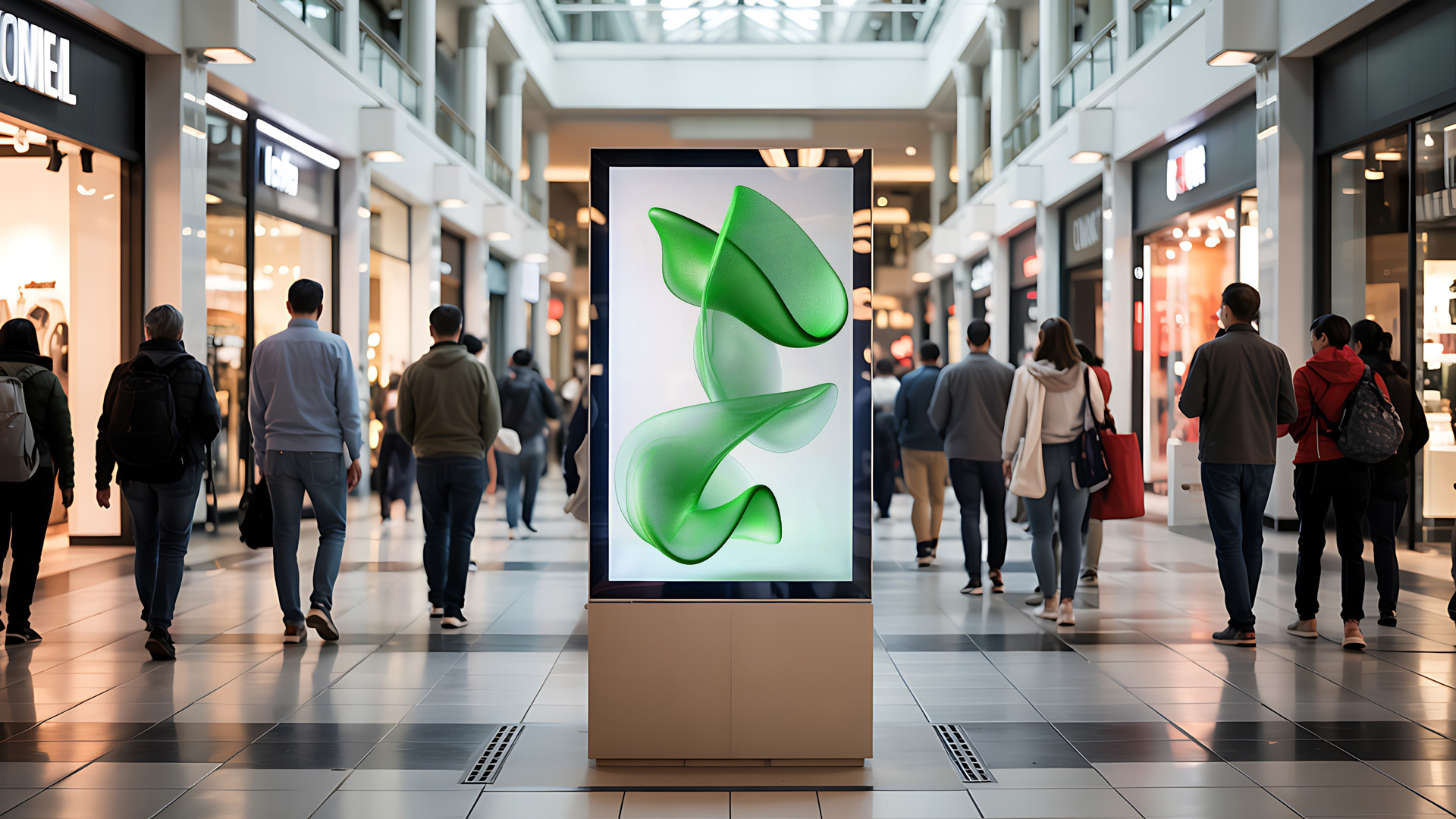 A digital signage display in a crowded shopping mall