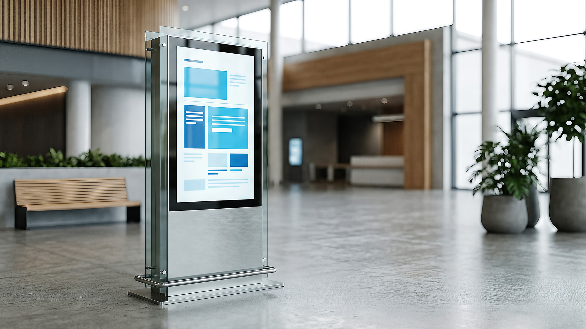 A digital signage display in a corporate entrance hall