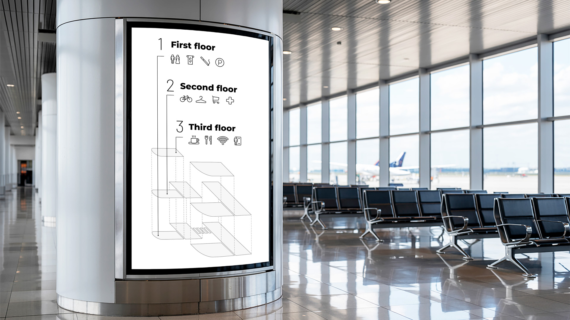 An airport digital signage display providing orientation in a public space