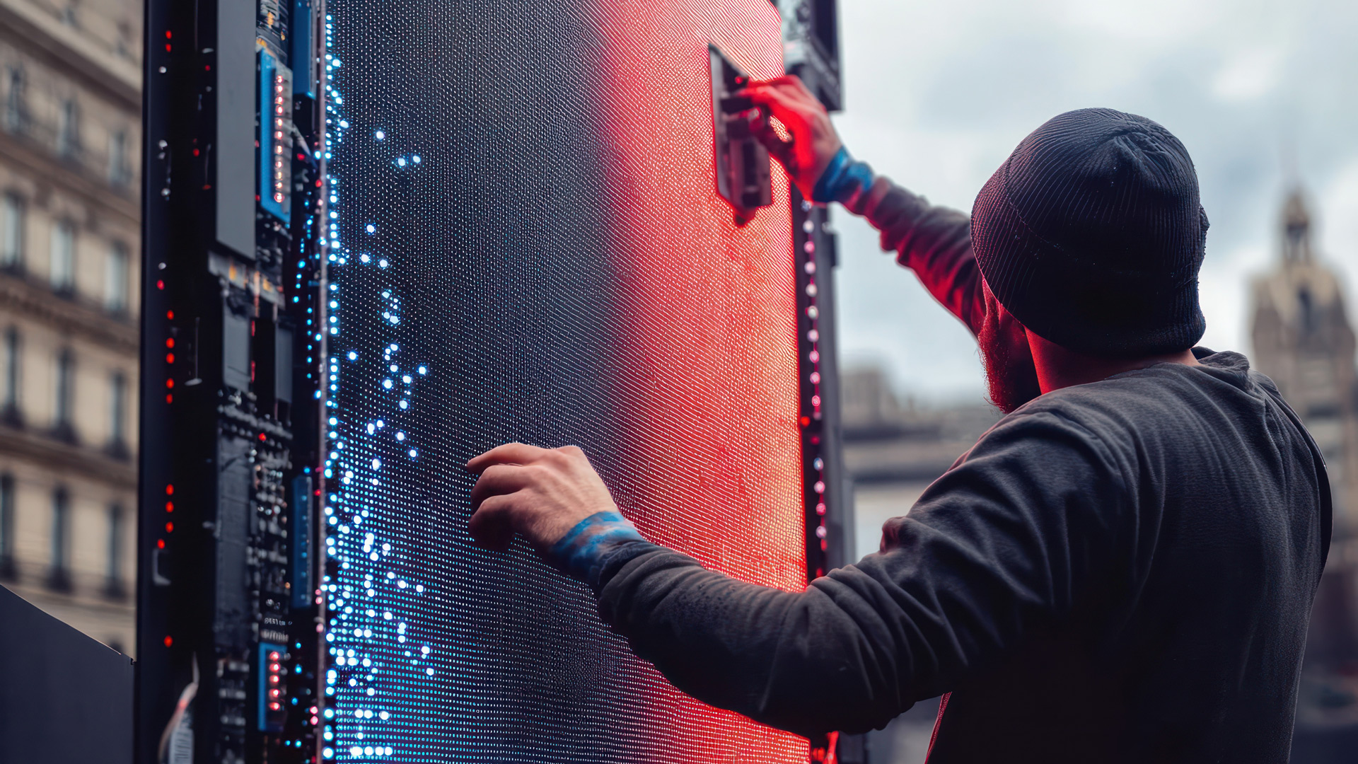 A technician inspecting a large LCD display
